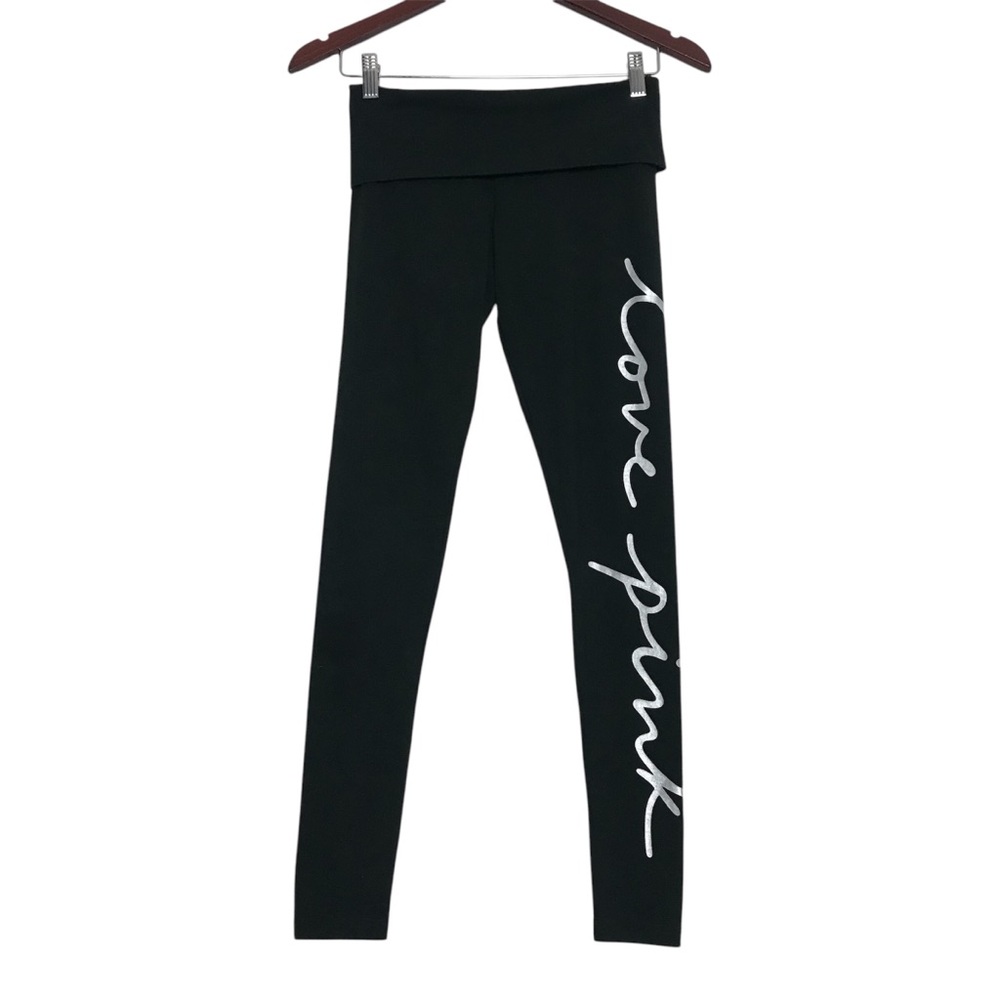 Victoria’s Secret y2k Black Spell Out Fold Over Yoga Leggings Womens Size XS